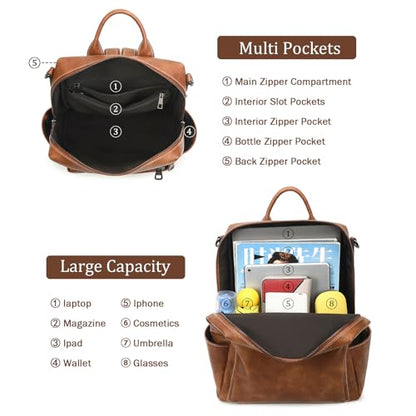 AGLOD Leather Backpack Purse for Women Designer Ladies Shoulder Bag Fashion Faux Work Travel Handbags - color: Kcus22001-2 Two-toned Brown