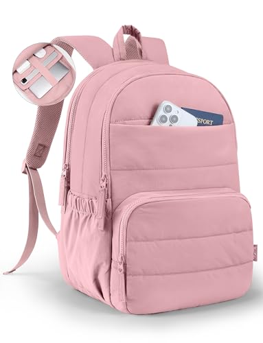 Uselike Travel Backpack for Women, 15.6 Inch Laptop Backpack, Quilted College Bookbag, Cute Work Backpacks, Water Resistant - color: Mauve Pink