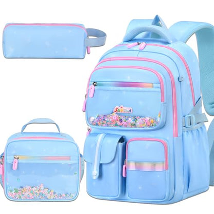3PCS Kids Backpack Set, School Backpack with Lunch Bag & Pencil Case, Lightweight Waterproof Bookbag for Kids (Blue Sequin) - color: Blue Sequin