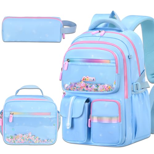 3PCS Kids Backpack Set, School Backpack with Lunch Bag & Pencil Case, Lightweight Waterproof Bookbag for Kids (Blue Sequin) - color: Blue Sequin