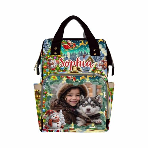 Custom Diaper Backpack with Photo, Christmas Personalized School Bag, Monogram Nappy Backpack with Thermal Pockets for Adults Kids, Large Capacity Waterproof Diaper Bag Xmas Gift - color: A-color-6