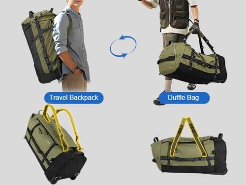 29" 86L Foldable Wheeled Duffle Bag, Waterproof Travel Rolling Backpack with Quilted Bottom, Army Green - color: Green