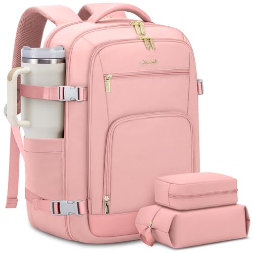 LOVEVOOK Travel Backpack For Women, 40L Carry On Backpack Flight Approved, TSA Personal Item Backpack Fits 17 Inch Laptop, Business Weekender Overnight Waterproof Daypack With 2 Packing Cubes, Pink - color: Pink, size: 40l-17.3 Inch-3pcs