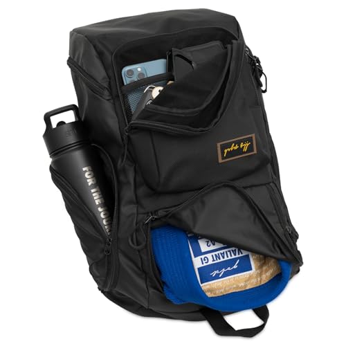 Gold BJJ Jiu Jitsu Backpack - Heavy Duty Gym Bag with Waterproof Gi Pocket - color: Black