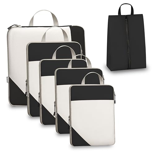 Compression Travel Packing Cubes with White Mesh, Black, 6Pcs | Waterproof fabric and See-Through Mesh, Space-Saving Compression Organizer for Travel and Daily Clothes Storage - color: Black, size: Set of 6