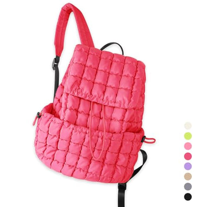 Quilted Puffer Backpack for Women, Lightweight Soft Nylon Quilted Hiker Pack Top Flap Drawstring Backpack, Trendy Puffy Padding Gym Travel Bag for Casual Daypack Hiking Sport (Rose Red) - color: Rose Red