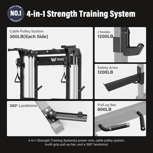 MAJOR FITNESS F22 Power Rack, 1600lbs All-in-One Squat Rack with Dual Pulley System, Heavy-Duty Steel Frame, Attachments & Storage for Home Gym Strength Training - color: Black, style: F22 (with Bench Elite BK & 230LB BK & 7ft Bar)