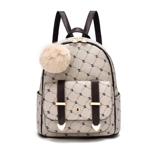 I IHAYNER Girls Fashion Backpack Mini Backpack Purse for Women Teenage Girls Purses PU Leather Pompom Backpack Shoulder Bag - color: Khaki