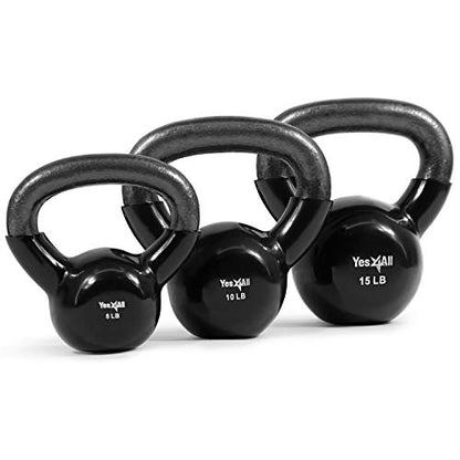 Yes4All Kettlebell, Vinyl Coated Kettlebell Cast Iron Sets with Stable Flat Bottom for Full Body Workout, Push up, Grip Strength Training & Weights Exercises - color: Black, style: 5 - 15lb