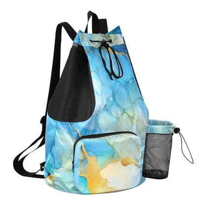 Drawstring Backpack Gym Swim Bag With Inside Pockets Cinch Pack Waterproof Marble Yellow Blue - color: Color 18