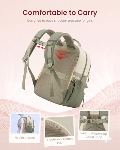 LOVEVOOK School Backpack for Teen Girls, Unique Style College Student Backpacks with Large Cup Holder, Cute Kid Bookbag with Pens Compartment, Large Capacity Back to School Backpack Fit 15.6'' Laptop - color: Pea Green&beige, size: Medium