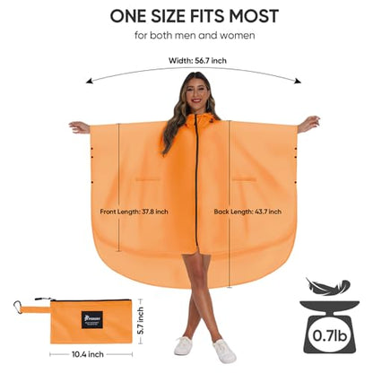 PTEROMY Hooded Rain Poncho for Adult with Pocket and Zipper, Waterproof Lightweight Raincoat for Men and Women - color: Orange