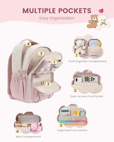 LOVEVOOK Cute School Backpack for Girls Ages 8-14, Bookbag with Plush Bear & Clear Display Pocket, Fits 15.6 Inch Laptop & 40oz Tumbler, Back to School Backpack for Elementary & Middle School - color: Khaki / Off-white
