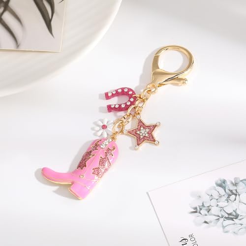 Madison Tyler Western Cowboy Boots Cherry Bow Bubble Tea Strawberry Cute Keychain | Bag Charms for Handbags Purse Charms - color: Pink Boots