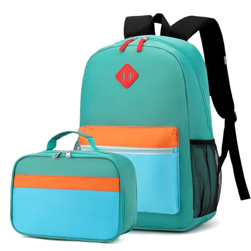 Backpack Set for Girls Boy Kids Backpack with Lunch Box for Elementary Primary Kindergarten School Bag (Lake Green Blue Set, Large) - color: Lake Green Blue