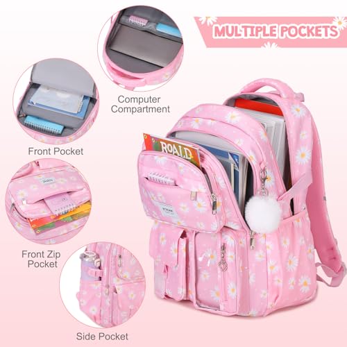 ACESAK Backpack for Girls - Girls Backpack with Lunch Bag & Pencil Pouch for Teen Kids Laptop Backpack for Women, Elementary Middle High School Bookbag Travel Daypack (Pink Daisy) - color: Pink Daisy