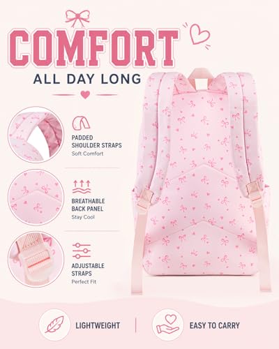 CAMTOP Girls Backpack with Lunch Box Set, Cute Bow School Backpack for Kids, 3-in-1 Lightweight Lunch Bag and Pencil Pouch - color: Pinck Bow Heart