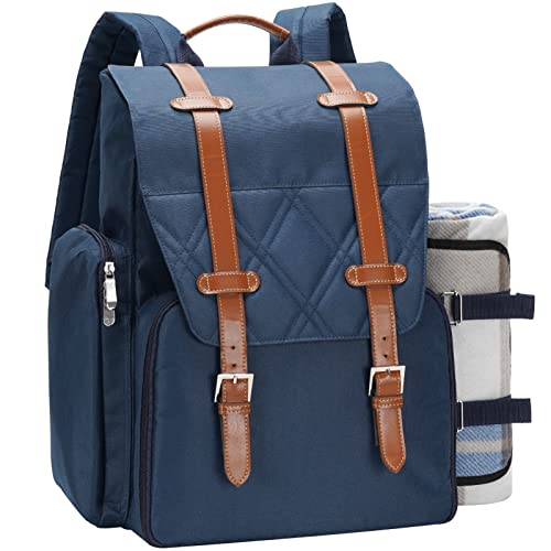 Picnic Backpack for 4 Person with Large Insulated Cooler Bag, Picnic Basket Set with Wine Pouch, Waterproof Picnic Blanket & Cutlery Set. Perfect for, Camping, Party,Wedding Gift for Couple,Blue - color: Navy-blue, size: 4 Person