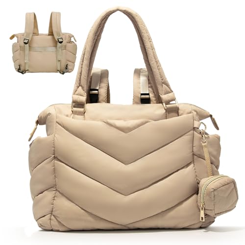 Diaper Bag Tote, Diaper Bag Backpack,Puffer Tote Bag with Pacifier Case, Lightweight Mommy for Hospital, Puffy with 10 Pockets, Convertible Baby for Travel, Apricot - color: Apricot