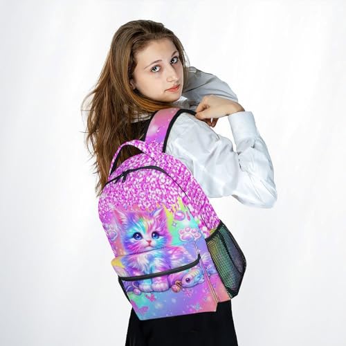 Cat Backpack for Girls Kids Schoolbag with Pocket - Animal Bookbag with Cat Print for Granddaughter Elementary Middle School Students (17 Inch) - color: Dark Pink