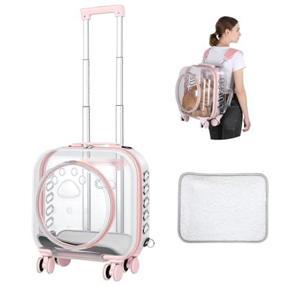 Cat Carrier Backpack with Silent Wheels, Clear Cat Stroller with Ventilation Holes, Telescopic Handle, Convenient Portable Cats Dogs Backpack for Travel (Light Pink-B) - color: Light Pink-B