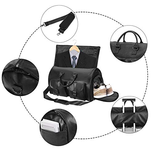 seyfocnia Convertible Travel Garment Bag,Carry on Garment Duffel Bag for Men Women - 2 in 1 Hanging Suitcase Suit Business Travel Bag - color: black-2pockets-Leather