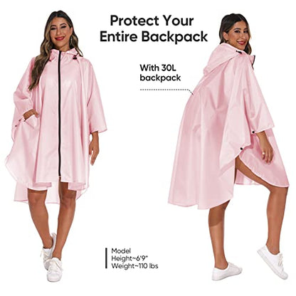 PTEROMY Hooded Rain Poncho for Adult with Pocket and Zipper, Waterproof Lightweight Raincoat for Men and Women - color: Pink