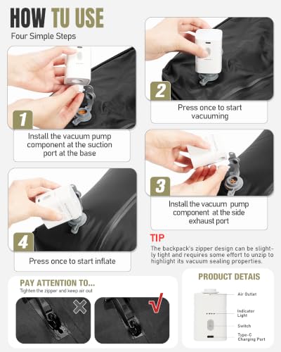 Vacuum Seal Travel Backpack with Air Pump Vacpack Waterproof Carry On Backpack for Travel Bag Women with Vacuum System Compression Airlines Approved Daypack Laptop Hiking Space Saver Bag GreyBrown - color: A34-greybrown, size: Large