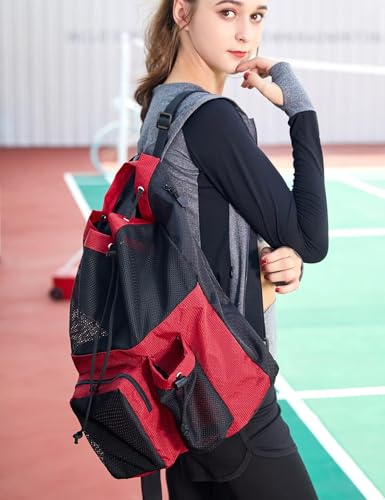 Lohol Large Mesh Drawstring Backpack with Shoe Bag, Durable Swimming String Sack with Handle for Sports Gym Yoga Beach Travel - color: Red