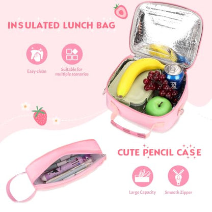 Kids Backpack for Girls 5-8, 4PCS Toddler Backpack with 13oz Kids Insulated Water Bottle, Lunch Box and Pencil Case, Girls Bookbag Schoolbag for Primary Kindergarten Elementary School - color: Strawberry Pink
