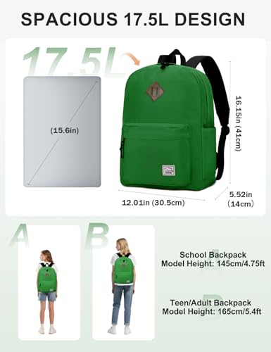 VASCHY Lightweight Backpack for School, Classic Basic Water Resistant Casual Daypack for Travel with Bottle Side Pockets (Green) - color: 16-green