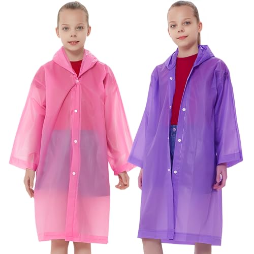 Rain Ponchos Raincoats for Kids, Reusable Boys Girls Rain Jackets Emergency with Hood for Family Disney Travel Outdoor - color: H-pink+purple