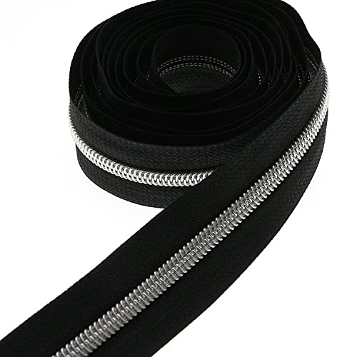 #5 Silver Metallic Nylon Coil Zippers by The Yard, Black Tape Bulk 10 Yards with 25PCS Silver Sliders Pulls for Sewing Crafts Bags YIGUANXIN - color: Black-Silver