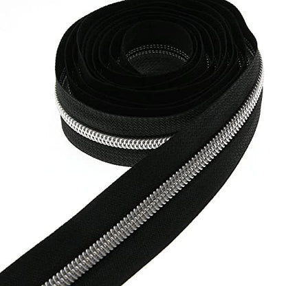 #5 Silver Metallic Nylon Coil Zippers by The Yard, Black Tape Bulk 10 Yards with 25PCS Silver Sliders Pulls for Sewing Crafts Bags YIGUANXIN - color: Black-Silver