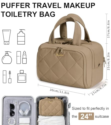 Travel Toiletry Bag, Large Wide-open Puffy Makeup Bag for Women Khaki - color: Khaki