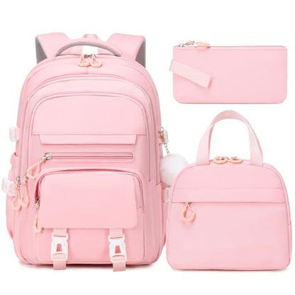 GeeWin Girls Backpack, 15.6" Laptop Backpack Schoolbag for Girls Teens Kid Children Elementary Middle School Student, Waterproof Stylish Girl Bookbag with Insulated Lunch Bag & Pencil Bag (Pink) - color: Pink Buckle