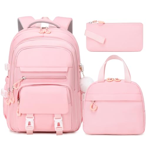 GeeWin Girls Backpack, 15.6" Laptop Backpack Schoolbag for Girls Teens Kid Children Elementary Middle School Student, Waterproof Stylish Girl Bookbag with Insulated Lunch Bag & Pencil Bag (Pink) - color: Pink Buckle