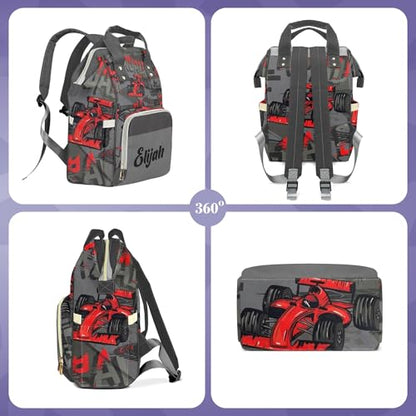 Custom Diaper Bag with Name, Personalized School Bag for Boys Red Car Pattern, Monogram Nappy Backpack with Thermal Pockets for Adults, Large Capacity Waterproof Diaper Bag, Travel Gifts - color: Red Car