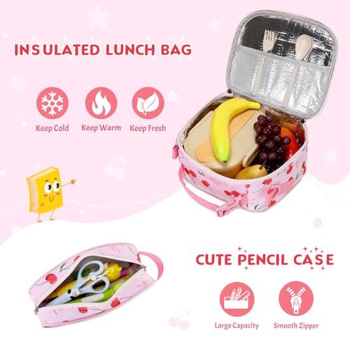Toddler Backpack for Girls Ages 5-8, 3PCS Girls Backpack with Lunch Bag & Pencil Case - 15inch Kids School Bookbag for Preschool Kindergarten Elementary School (Cherry) - color: Cherry