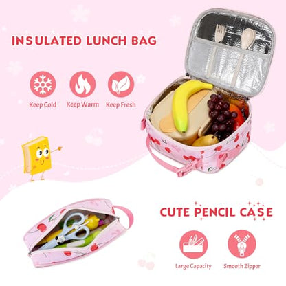 Toddler Backpack for Girls Ages 5-8, 3PCS Girls Backpack with Lunch Bag & Pencil Case - 15inch Kids School Bookbag for Preschool Kindergarten Elementary School (Cherry) - color: Cherry