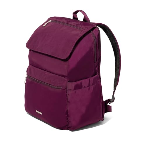 Baggallini Flap Laptop Backpack - 15"x11" Lightweight Work Travel Bag w/Luggage Sleeve & RFID - color: Mulberry