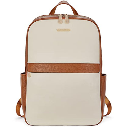 BOSTANTEN Genuine Leather 15.6 inch Laptop Backpack Purse for Women College Casual Backpack Travel Bag - color: 1-d-beige With Brown