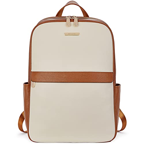 BOSTANTEN Genuine Leather 15.6 inch Laptop Backpack Purse for Women College Casual Backpack Travel Bag - color: 1-d-beige With Brown