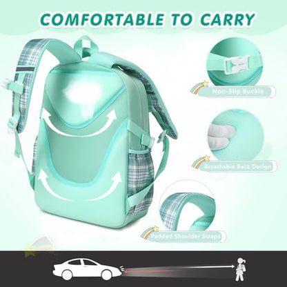 GeeWin School Backpack for Girls, Bookbags Back Pack School Bag for Teen Girl Elementary Middle School Student, Cute Stylish Plaid Girls Backpack with Matching Insulated Lunch Bag & Pencil Bag (Green) - color: Green