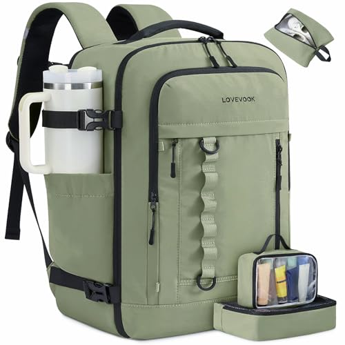 LOVEVOOK 50L Travel Backpack for Men Women, Waterproof Carry On Backpack for Work & Travel, Flight Approved Personal Item with 3 Packing Cubes, TSA Bag Fits 17.3" Laptop,Greyish green - color: Greyish Green, size: X-Large-50L-4Pcs