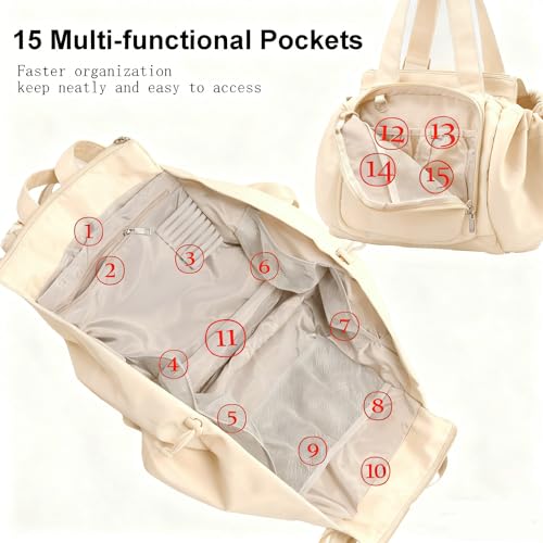 Tote Bag Large Capacity Lightweight Backpack with 15 Pockets Nylon Shoulder Bag for Car Travel Mother Bag - color: Beige