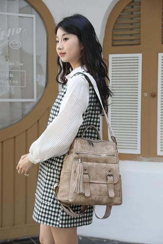 Fashion PU Leather Backpack Purse for Women Travel Backpack Bag with Tassel Ladies Shoulder Handbags Casual Daypack - color: Khaki