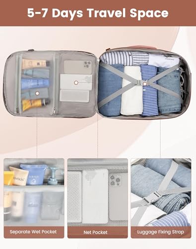 LOVEVOOK 40L Travel Backpack for Women & Men, Airline Approved Carry On Luggage with 3 Packing Cubes, TSA Overnight Bags, Waterproof Personal Item Bag, Weekender Essentials Backpacks fits 17" Laptop - color: Light Grey-beige-pink, size: Large
