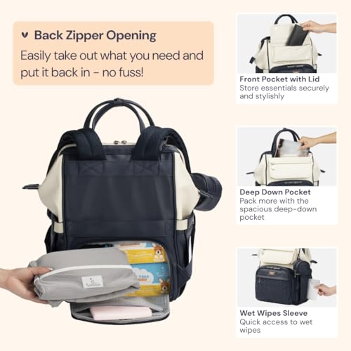 BabbleRoo Leather Diaper Bag Backpack, Multifunction Large Bags with Changing Pad & Stroller Straps Pacifier Case, Unisex Stylish Travel Back Pack Nappy for Moms Dads (Blueberry Cream) - color: Vegan Leather, Blueberry Cream
