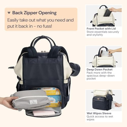 BabbleRoo Leather Diaper Bag Backpack, Multifunction Large Bags with Changing Pad & Stroller Straps Pacifier Case, Unisex Stylish Travel Back Pack Nappy for Moms Dads (Blueberry Cream) - color: Vegan Leather, Blueberry Cream